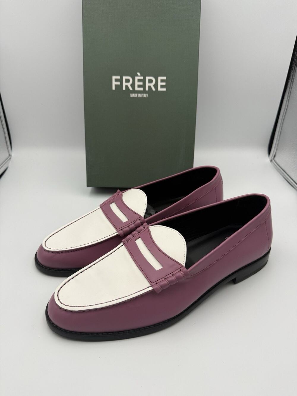 NIB FRERE Two-Tone Penny Loafers Purple White Made in Italy EU 42 US 9